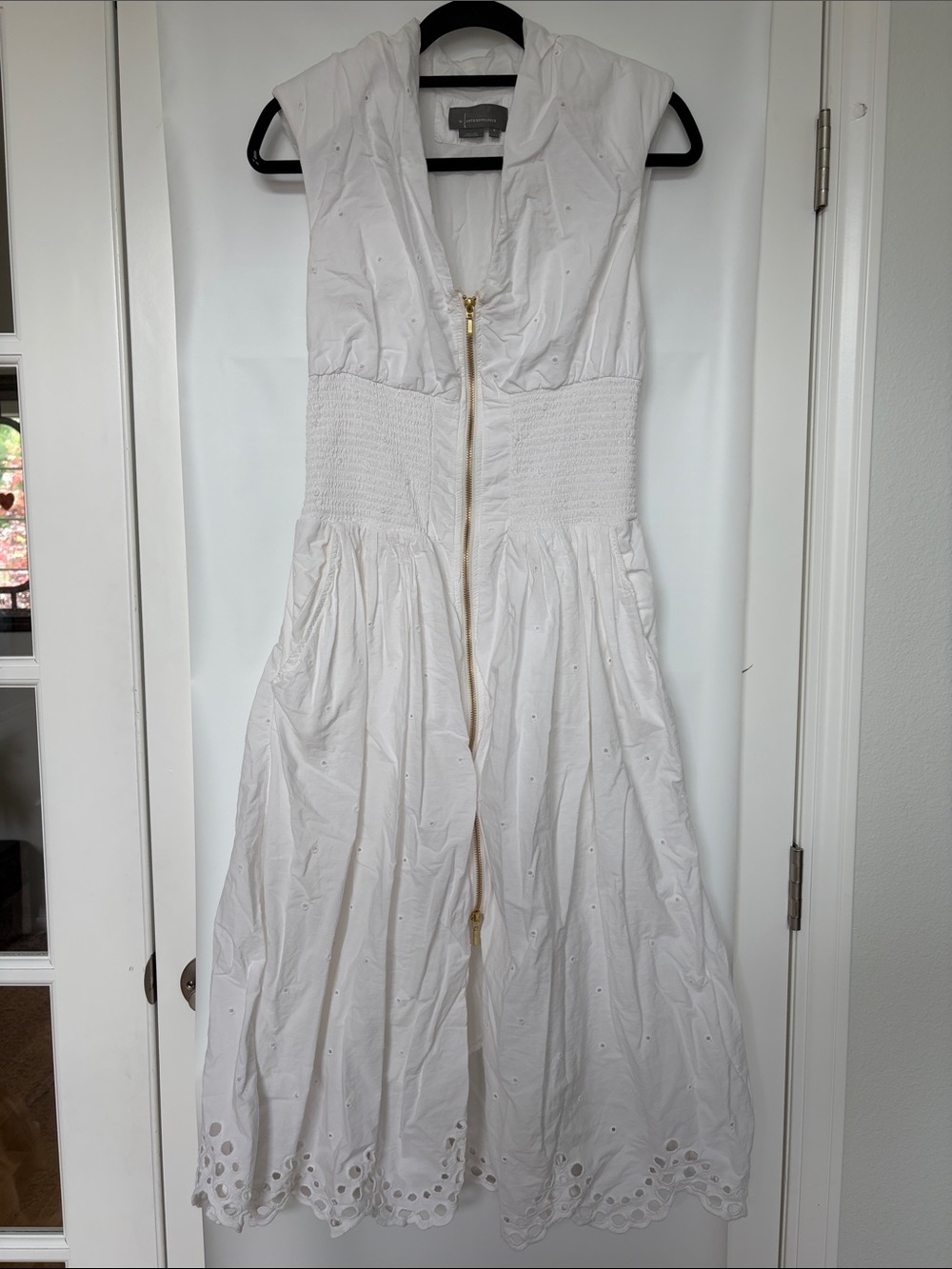 Anthropologie Maeve The Tommie Cap-Sleeve Smocked Front-Zip Shirt Dress Eyelet M - Picture 4 of 12
